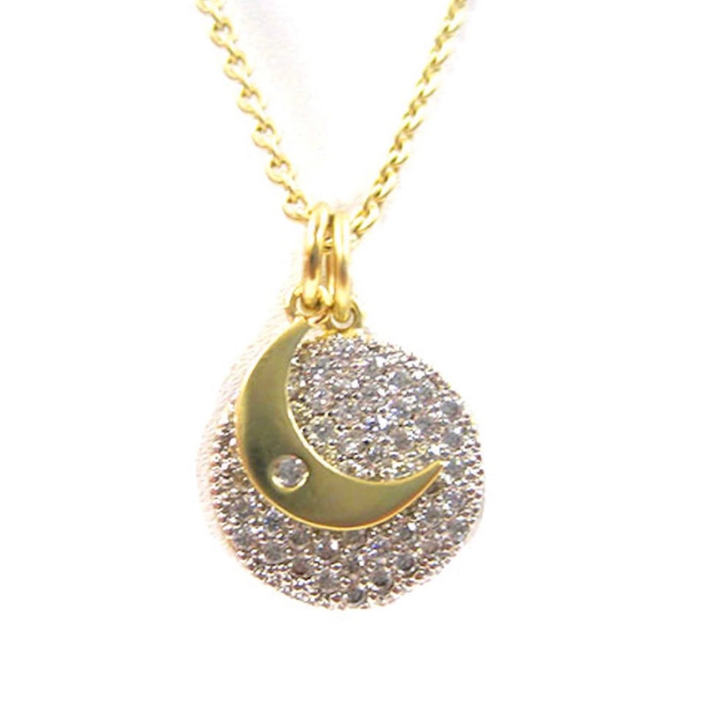 C.Z. Pave Disk with Moon Necklace 14KG Vermeil,NWT